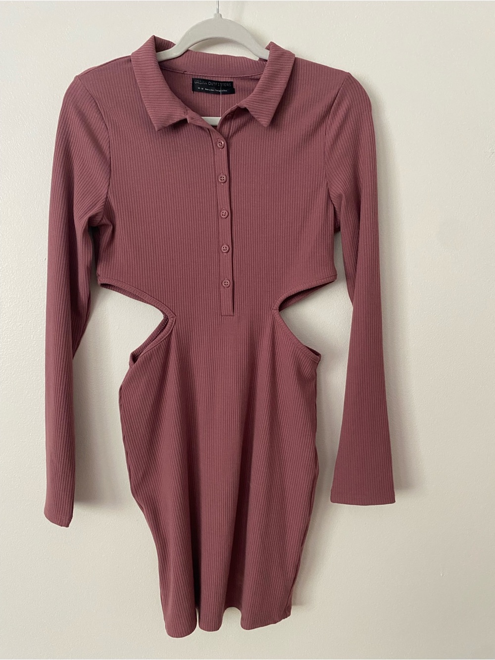 Urban Outfitters Mauve Ribbed Cutout Long-Sleeve Polo Mini Dress